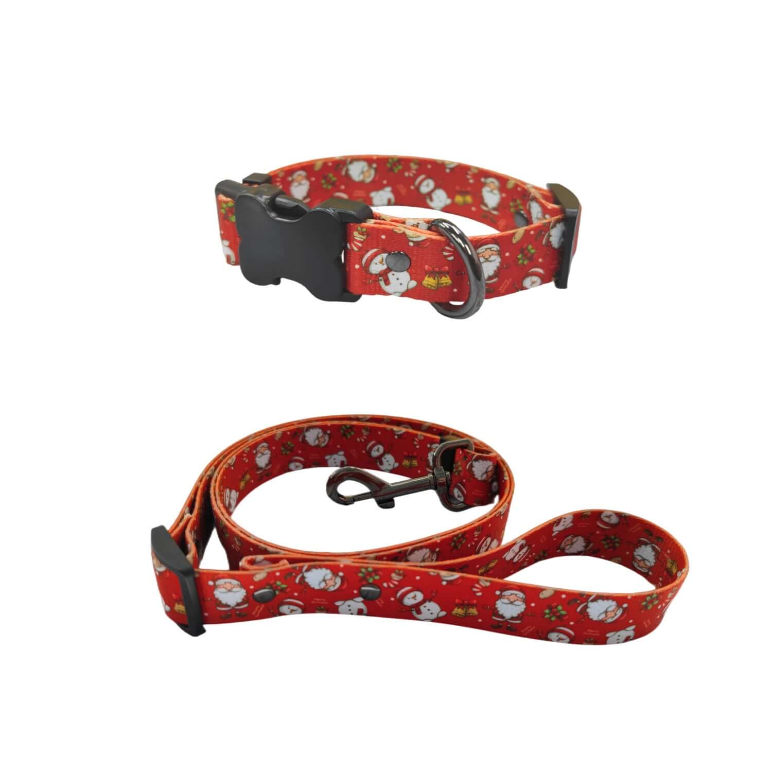 Harnais et laisse de Noël pour chien en polyester rouge avec motifs festifs.