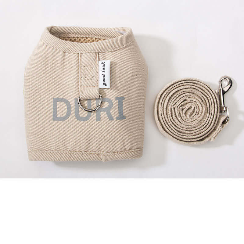 Harnais et laisse pour chiens en tissu tissé, beige, avec motif stylé et accroche sécurisée.