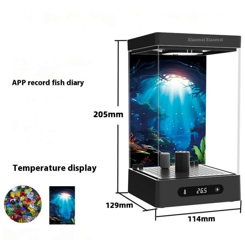Cylindrical Douyu Bluetooth fish tank with temperature display and colorful underwater background.
