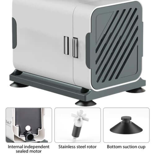 Fontaine aquatique avec moteur scellé, rotor en acier inoxydable et ventouse de fond, idéale pour les aquariums.