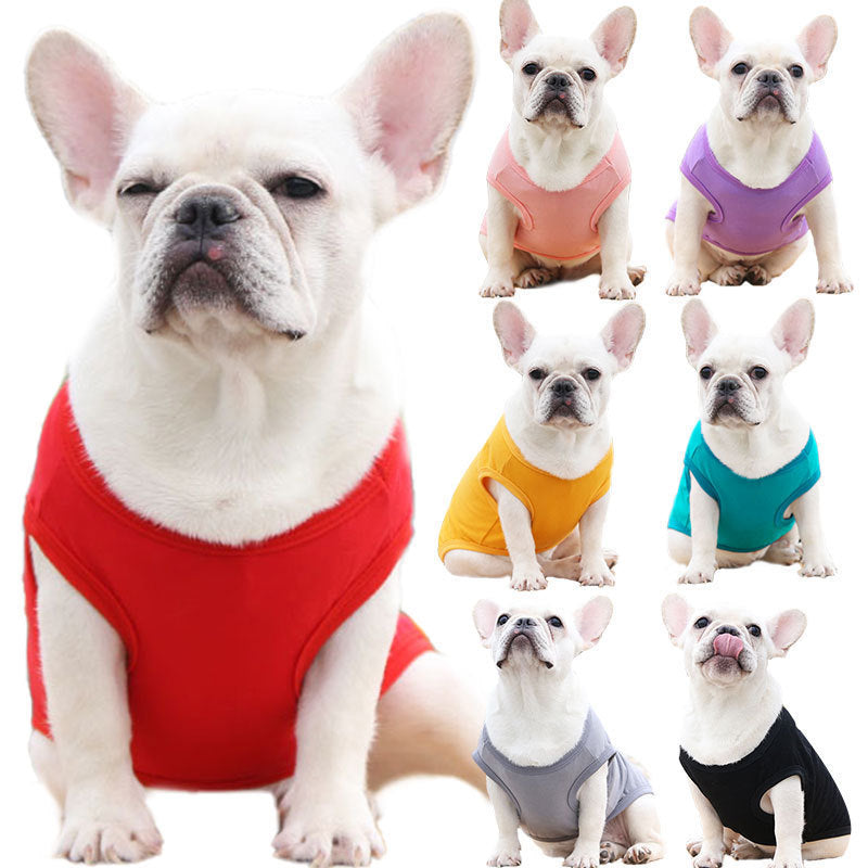 Chien français en gilets colorés, montrant la mode été pour petits chiens en coton confortable.