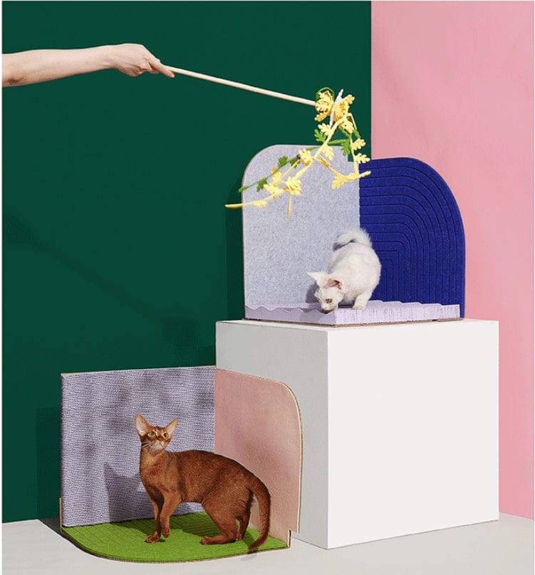 Vertical scratching board for cats with playful kittens and creative design, ideal for pet accessories.