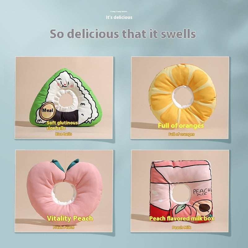 Four colorful plush toys: sushi, orange, peach, and milk box, showcasing fun designs for interactive pet play.
