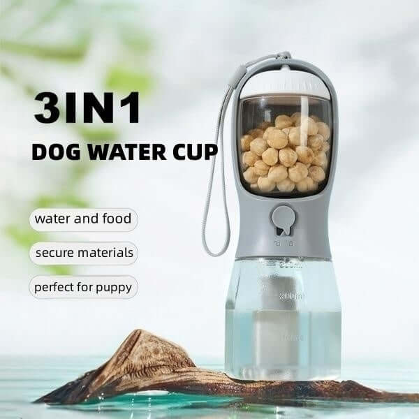 Gobelet d'eau portable 3-en-1 pour animaux, conçu pour eau et nourriture, idéal pour les promenades avec votre chien.