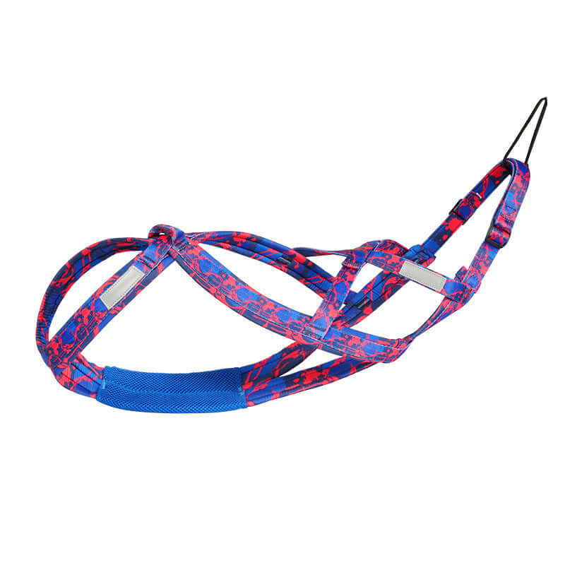 Harnais de traction pour chien en nylon bleu et rose, idéal pour promenades confortables et sécurisées.