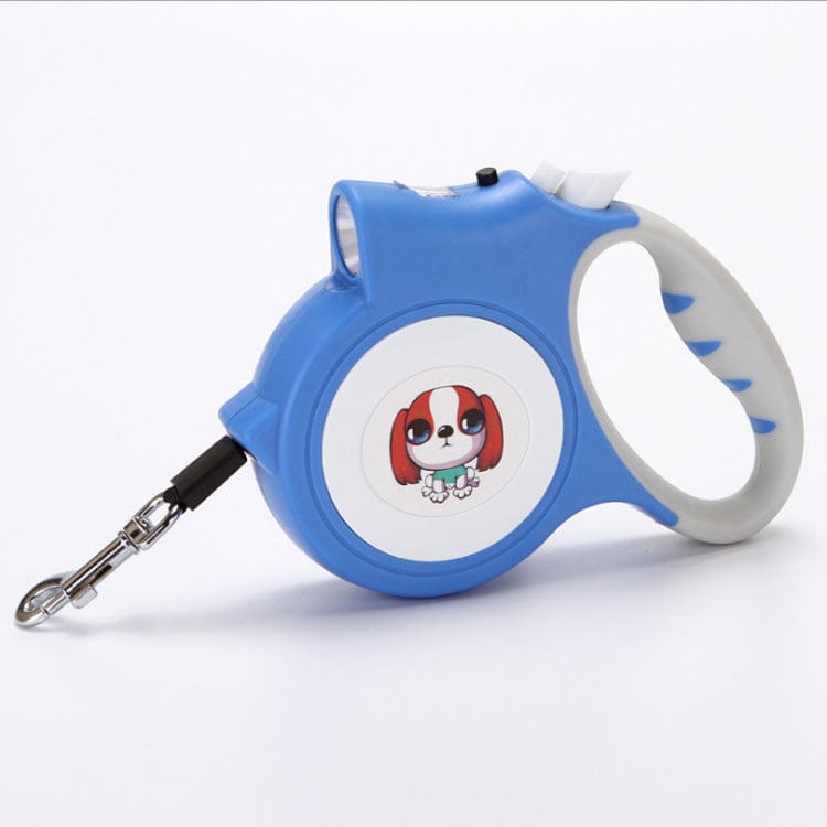 Laisse automatique lumineuse bleue pour chien avec dessin de chien, idéale pour promenades nocturnes.