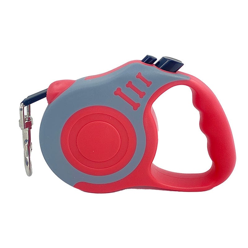 Laisse télescopique automatique rouge et grise pour chiens, idéale pour promenades en toute sécurité.