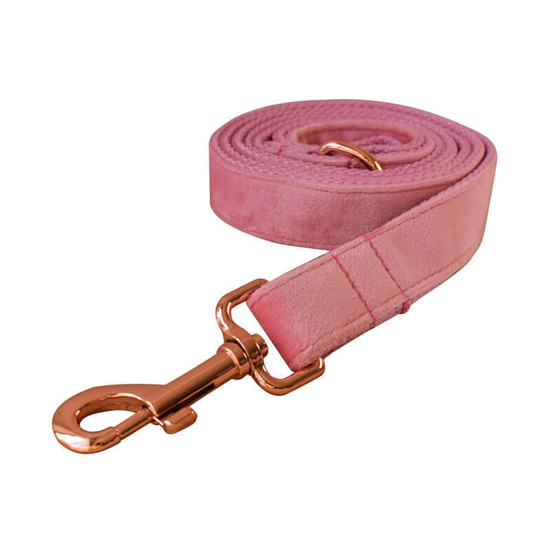 Laisse en velours rose pour chien avec mousqueton doré, accessoire élégant pour promenades.
