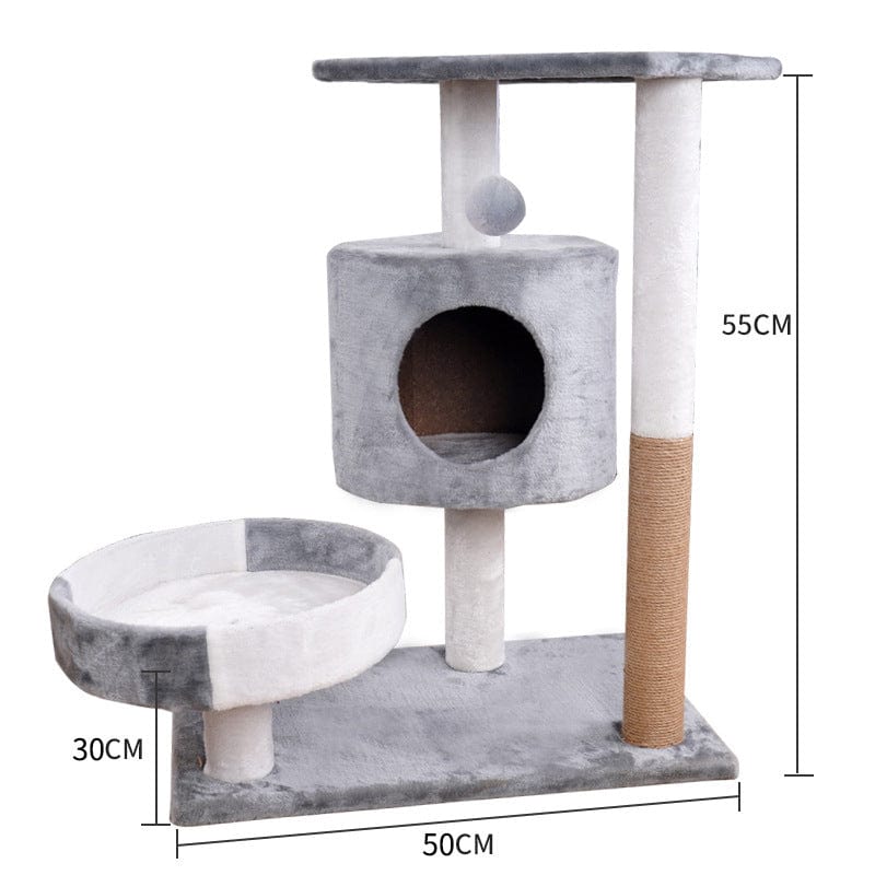 Arbre à chats Lepet en peluche gris, griffoir et cadre de grimpe pour félins, idéal pour jeu et repos.