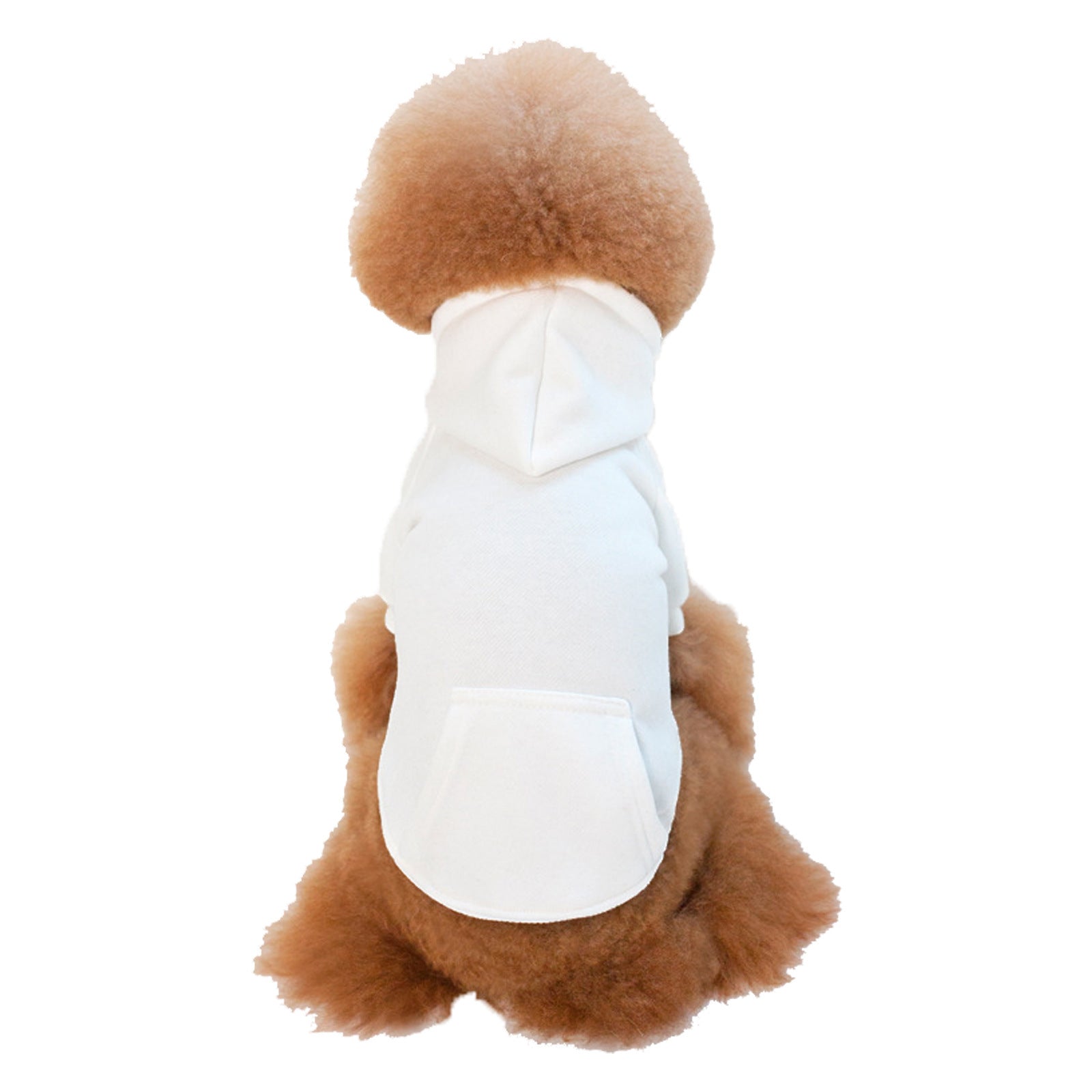 Vêtement en fleece blanc pour petits chiens, confortable et stylé, avec capuche et poche arrière.