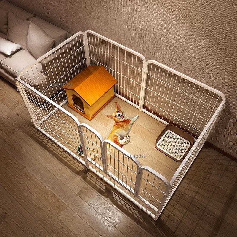 Clôture en fer forgé moderne pour animaux de compagnie avec un Corgi dans un espace sécurisé.