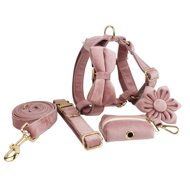 Ensemble de harnais pour chien en velours rose avec laisse, accessoires floraux et pochette.