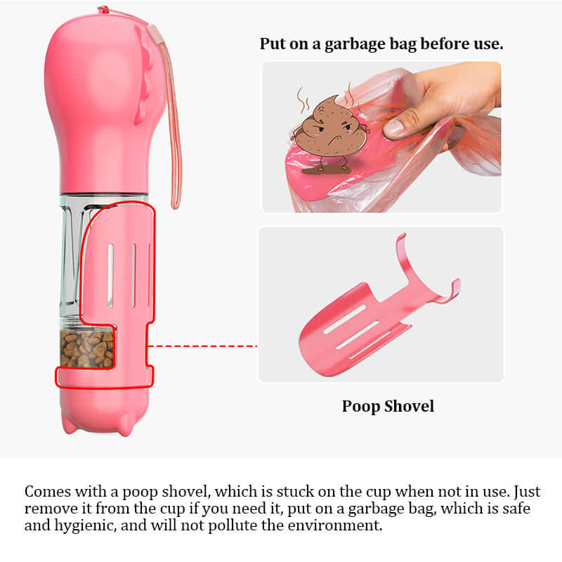 Bouteille d'eau multifonctionnelle pour animaux avec pelle à caca intégrée, idéale pour les sorties avec votre chien.