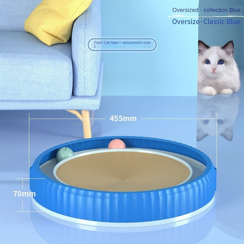 Planche à gratter ronde bleue pour chat avec balles, idéale pour jouer et préserver les meubles.