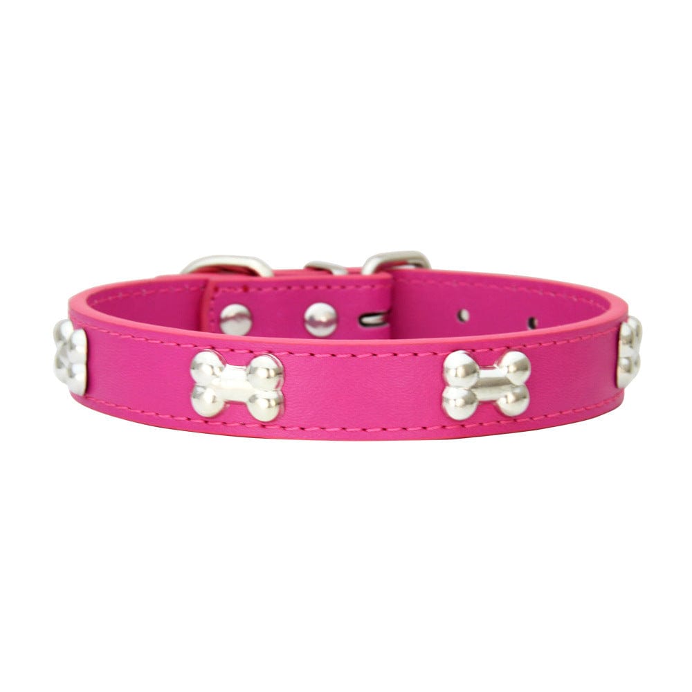 Collier pour chien en cuir PU rose avec des charms en forme d'os en argent, style et confort pour votre compagnon.