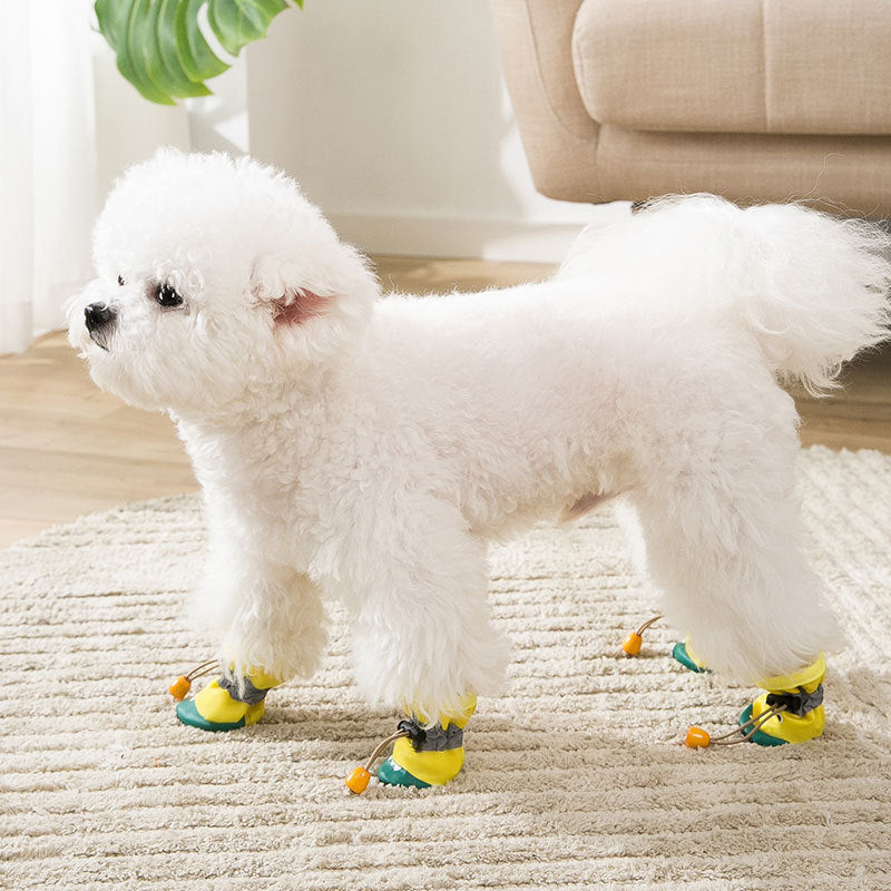 Chien blanc avec des chaussures douces en tissu, offrant style et confort pour animaux de compagnie.