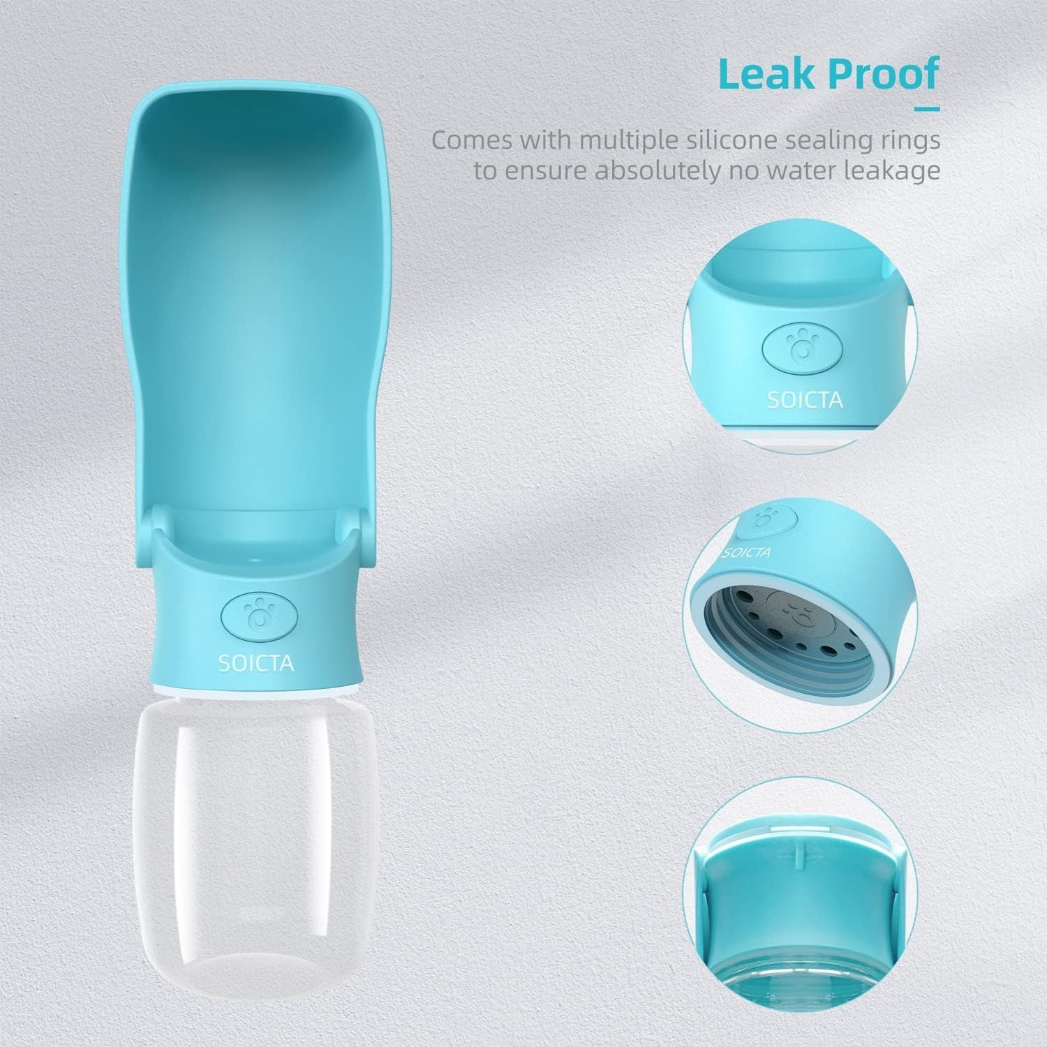 Bouteille d'eau portable pour chiens en bleu, avec un design anti-fuite et plusieurs joints en silicone.
