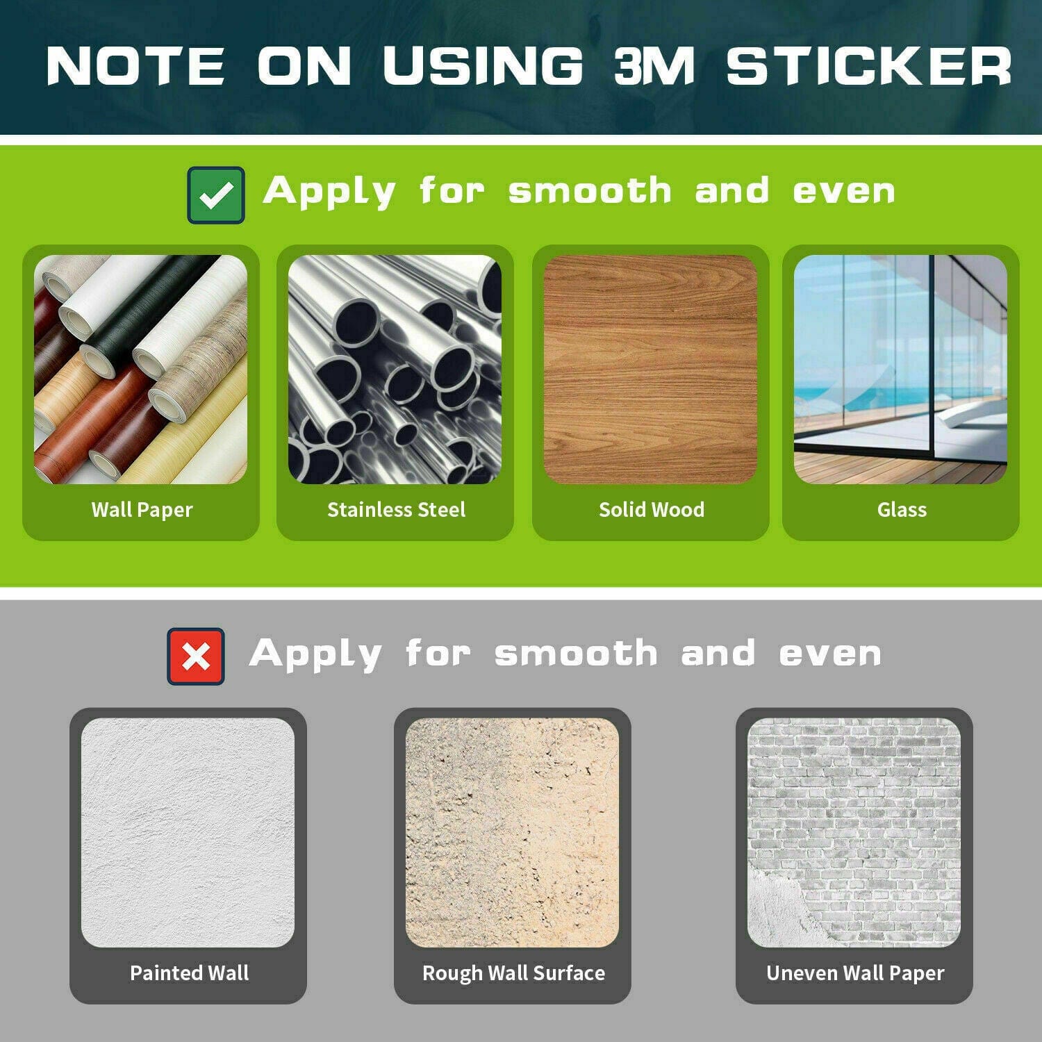 Guide on using 3M stickers; suitable surfaces vs unsuitable surfaces for application.