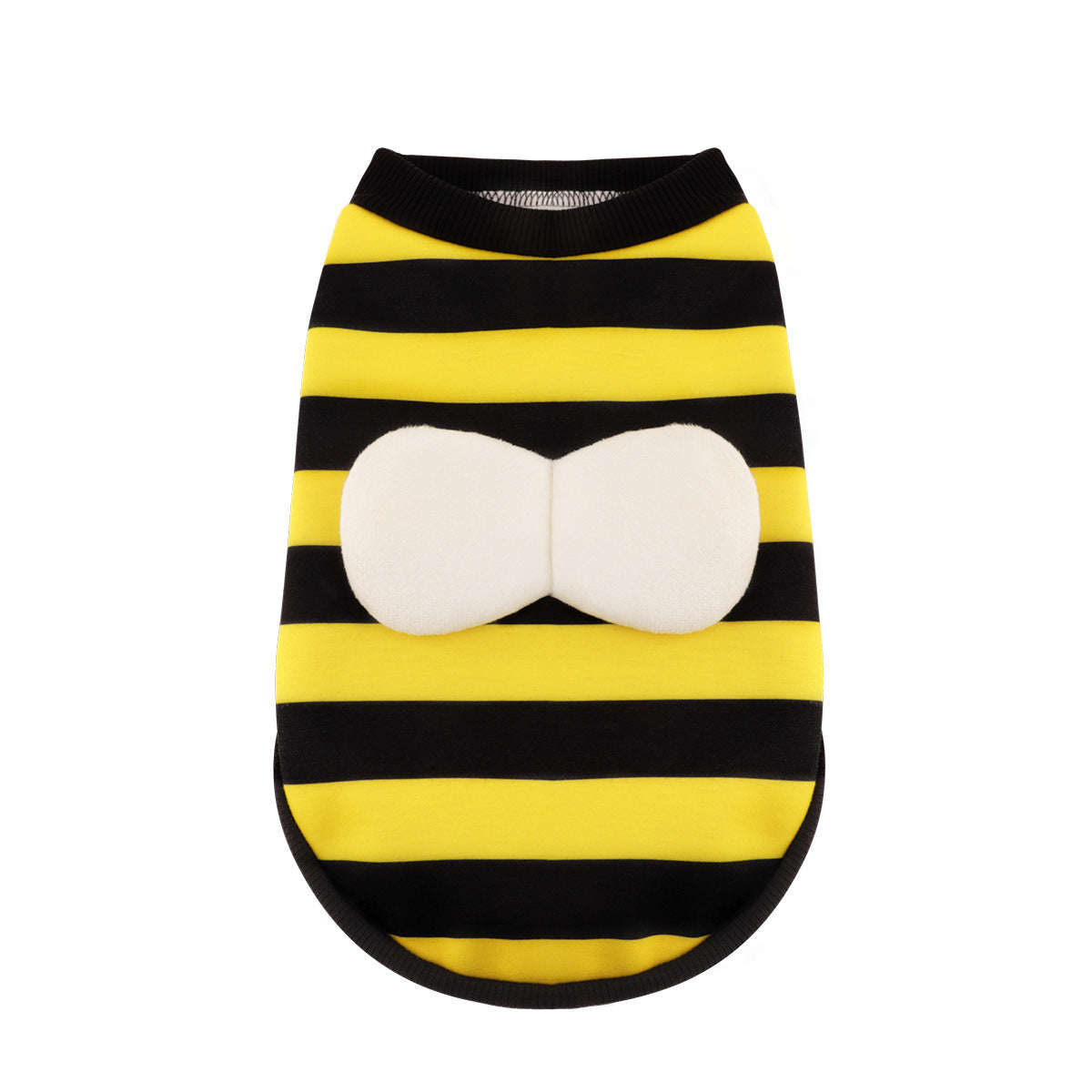 Pull pour chien en polyester rayé noir et jaune avec motif abeille, confortable et stylé.
