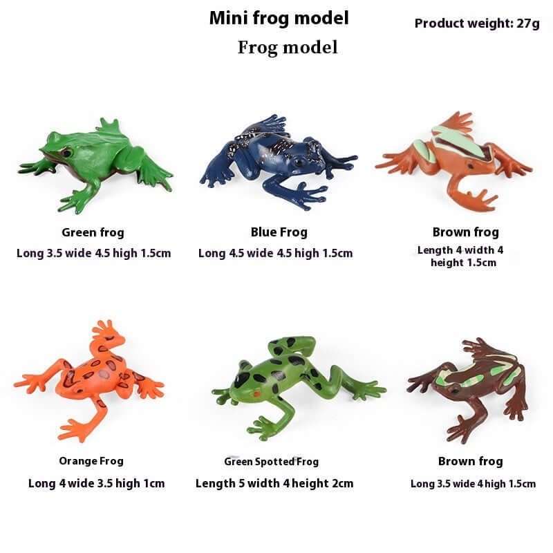 Set of mini frog models in various colors including green, blue, brown, orange, and spotted designs.
