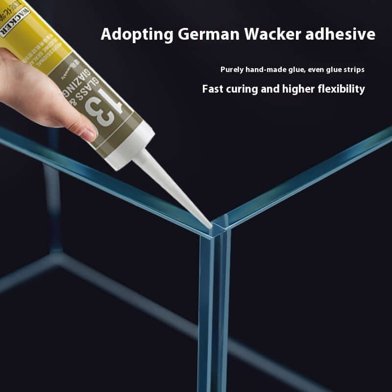 Application of German Wacker adhesive on glass edges for fast curing and flexibility in assembly.