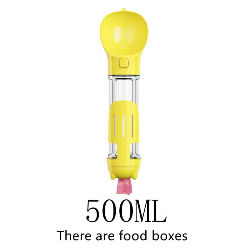 Bouteille d'eau multifonctionnelle pour animaux de 500ml avec compartiments pour nourriture, couleur jaune.