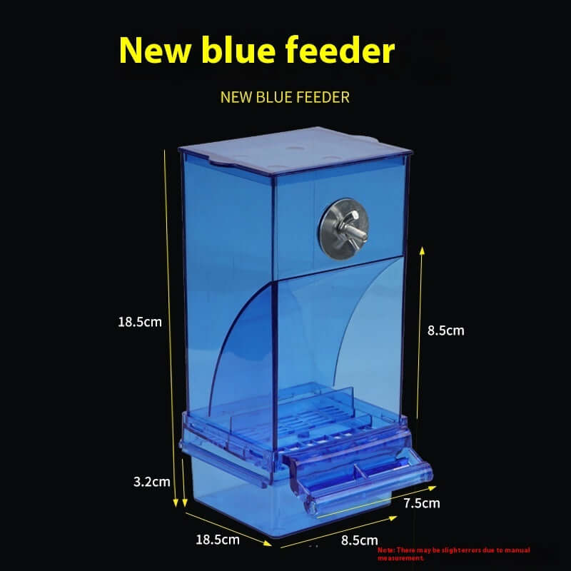 Conteneur transparent automatique pour nourriture d'oiseaux, modèle bleu, avec vue transparente et système de distribution.
