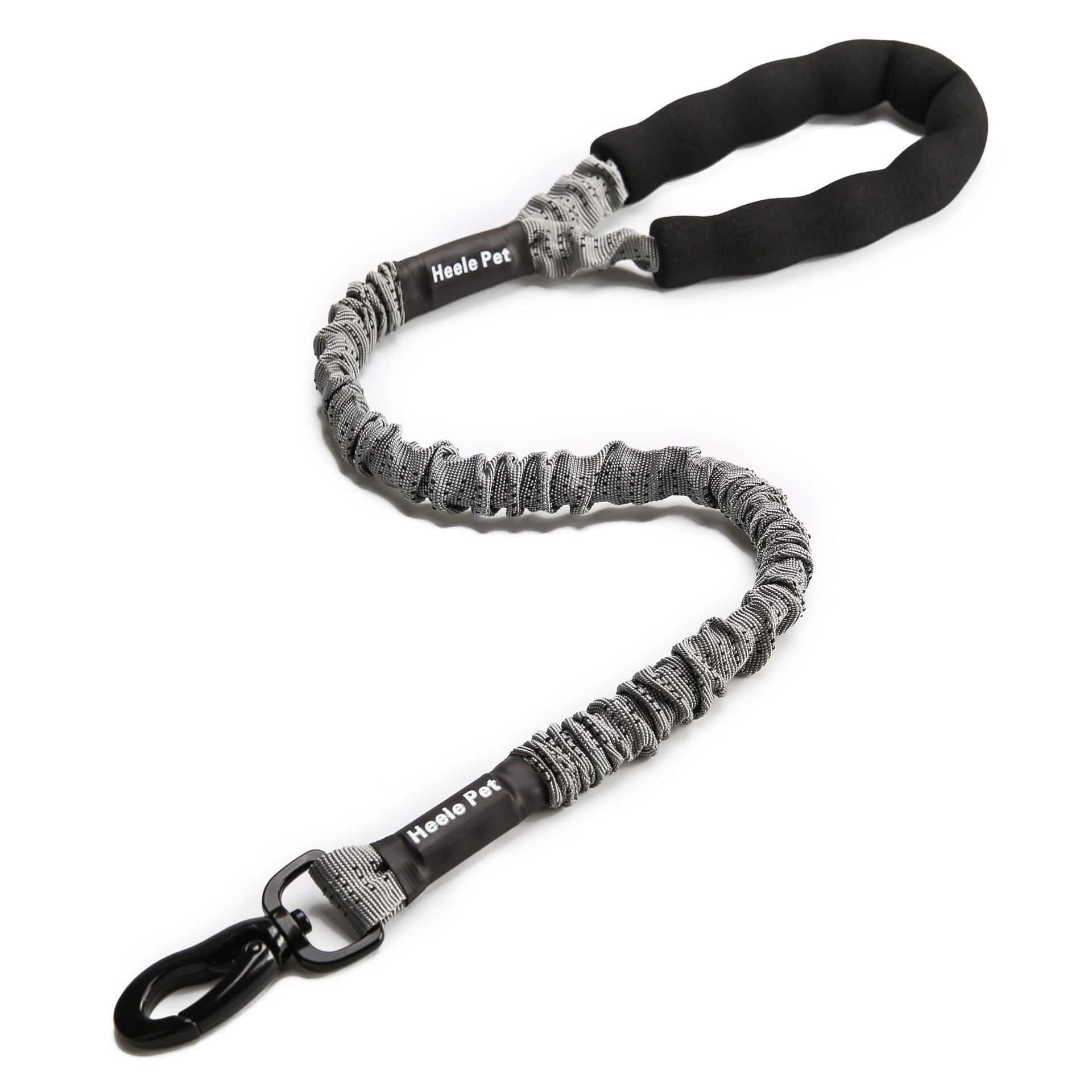 Corde de traction élastique pour chien en gris, avec poignée confortable et mousqueton résistant.