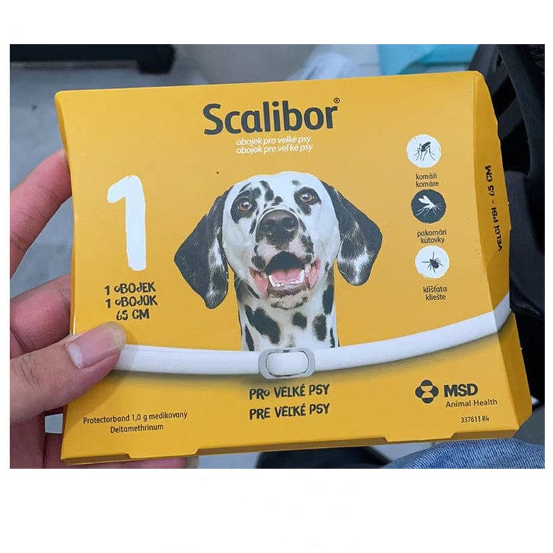 Scalibor mosquito and flea collar packaging for large dogs in hand, with a Dalmatian illustration.