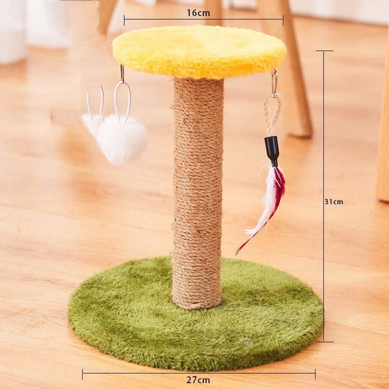 Griffoir vertical en sisal durable avec jouets pour chats, diamètre de base de 27 cm, hauteur de 31 cm.