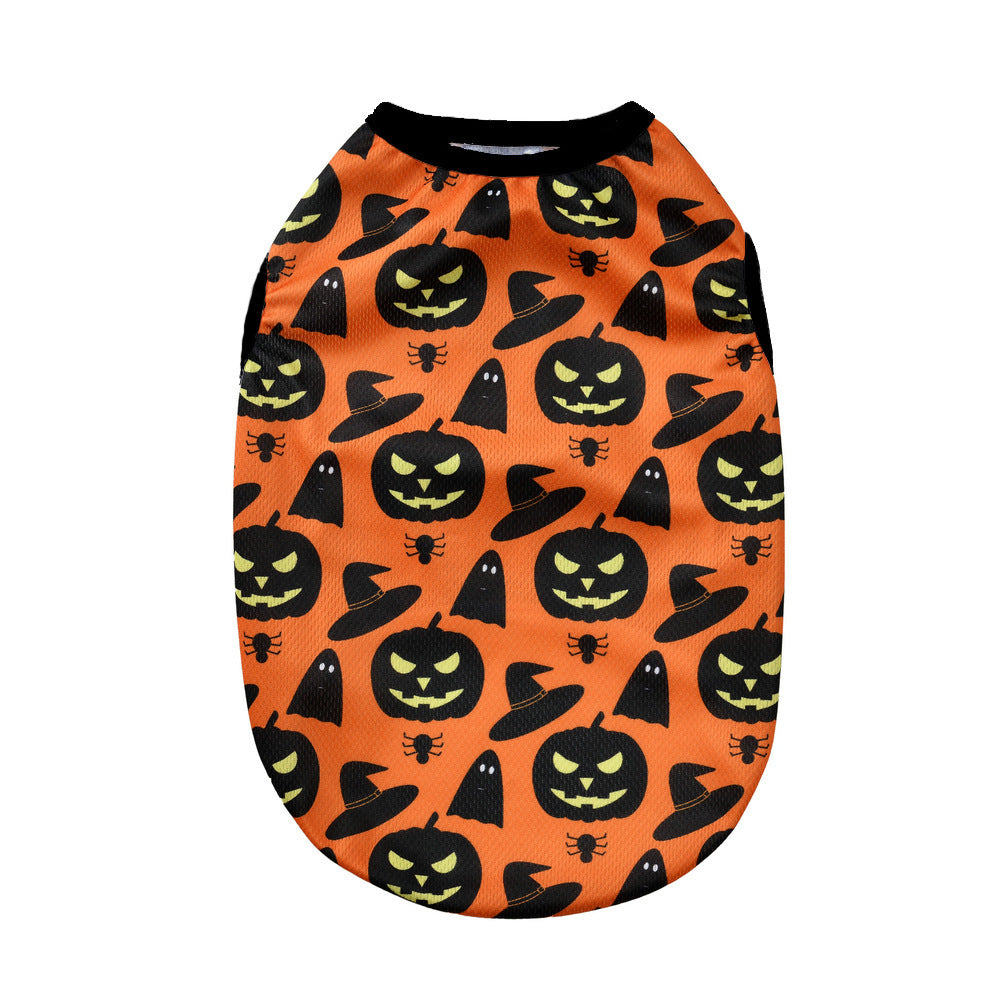 Costume d'Halloween pour chien avec motif d'haricots, chapeaux et fantômes sur fond orange.