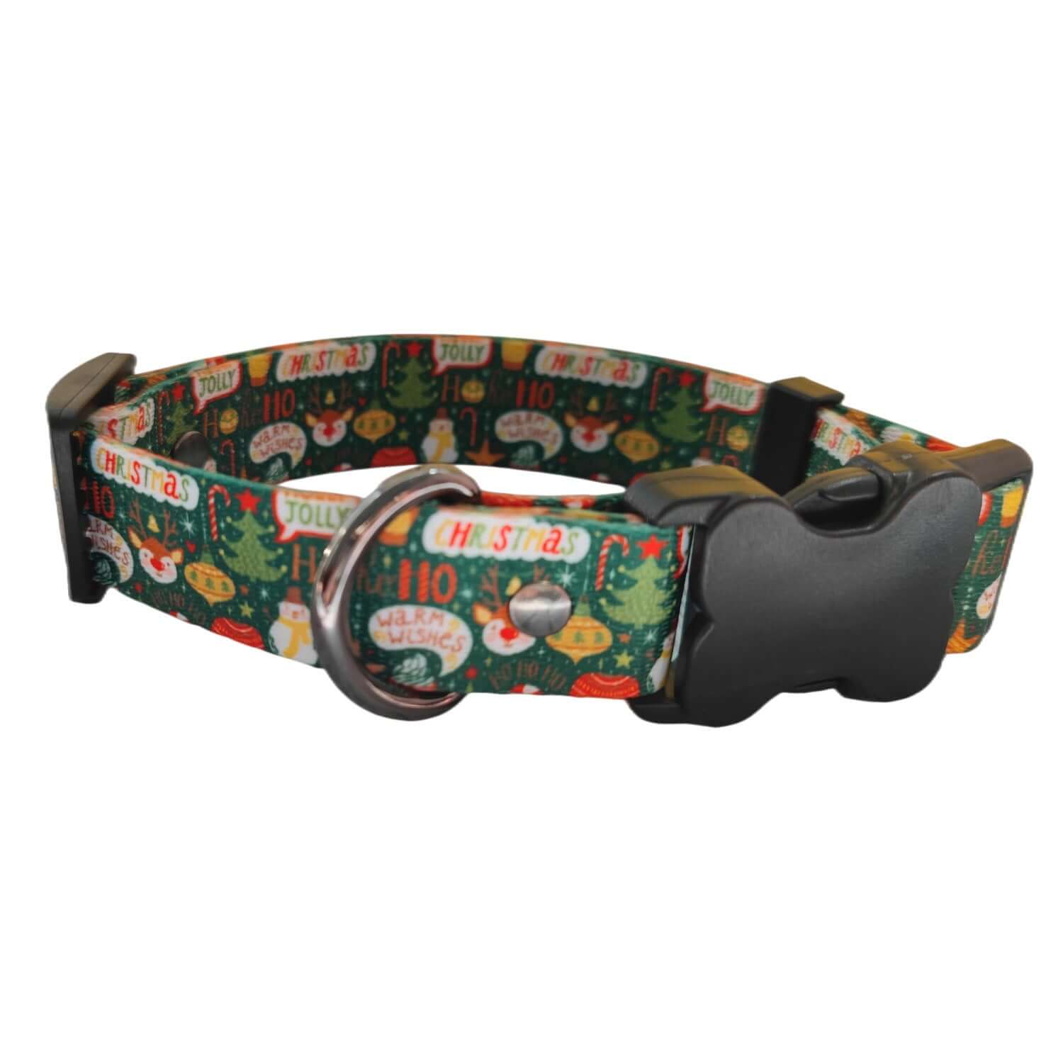 Harnais et laisse de Noël pour chien en polyester avec motifs festifs et boucle de sécurité.