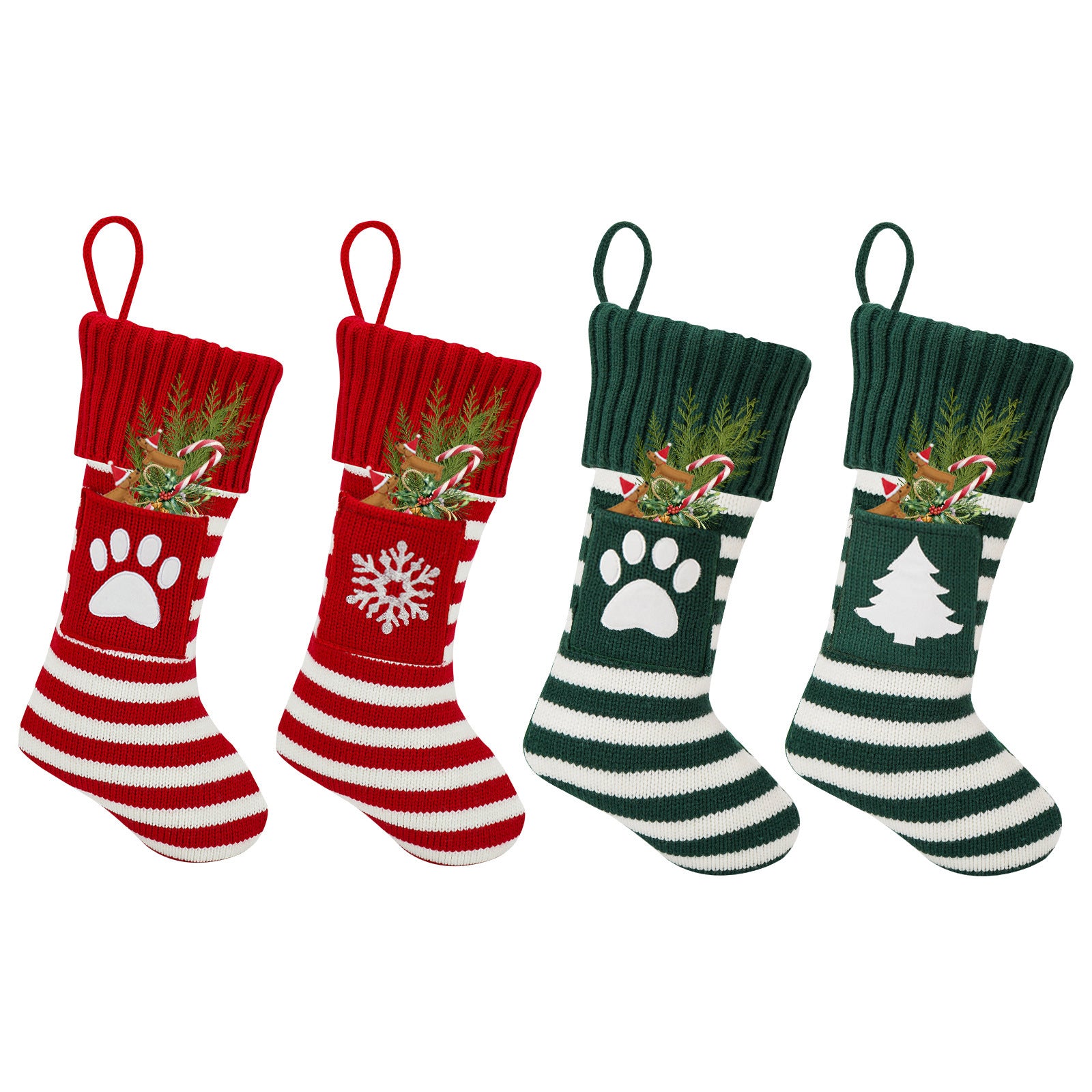 Chaussettes de Noël pour chiens et chats, motifs festifs en rouge et vert, idéales pour les fêtes.