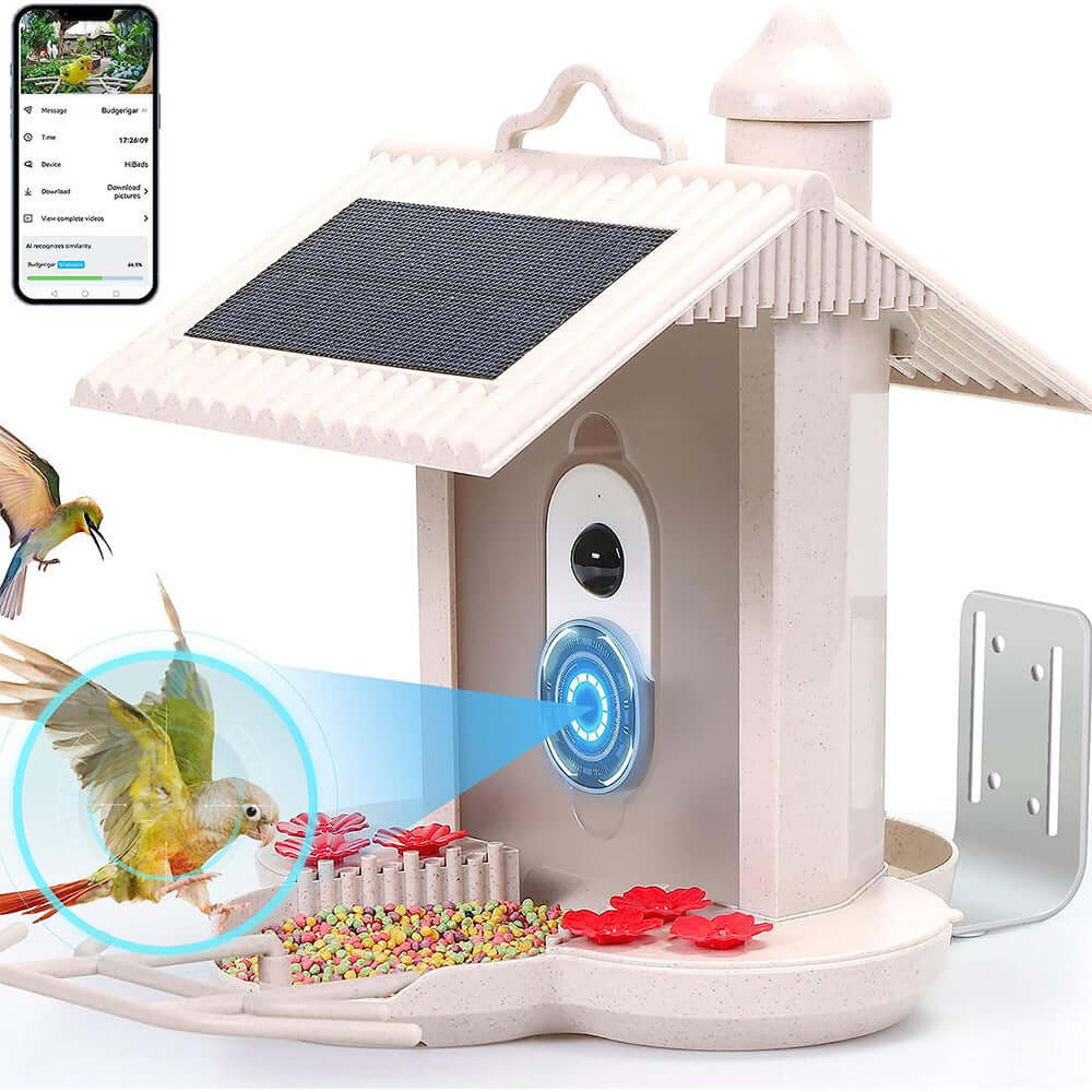 Distributeur Intelligent d’Oiseaux 160°, design innovant avec technologie de détection d'oiseaux et alimentation.