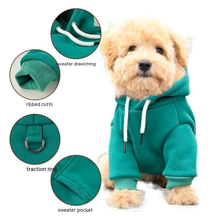 Sweat à capuche en coton pour chien de couleur verte, avec poches, cordon et poignets côtelés, chic et confortable.