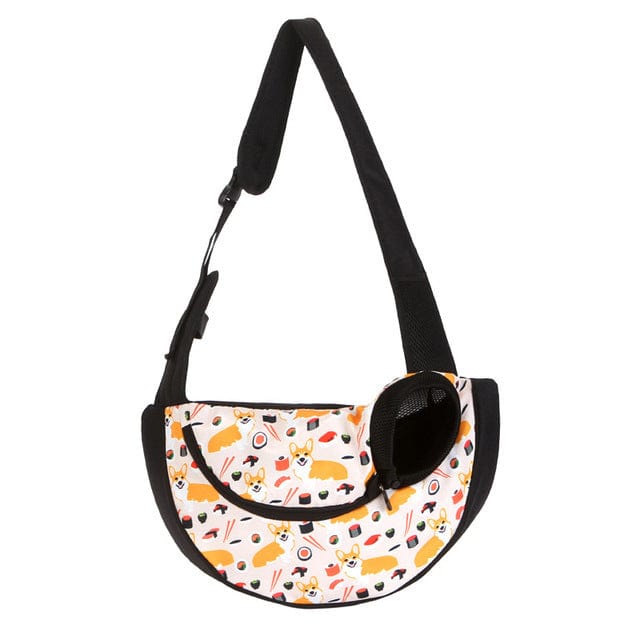 Sac à bandoulière pour chiots léger et respirant avec motifs de chiens et fermeture ajustable.