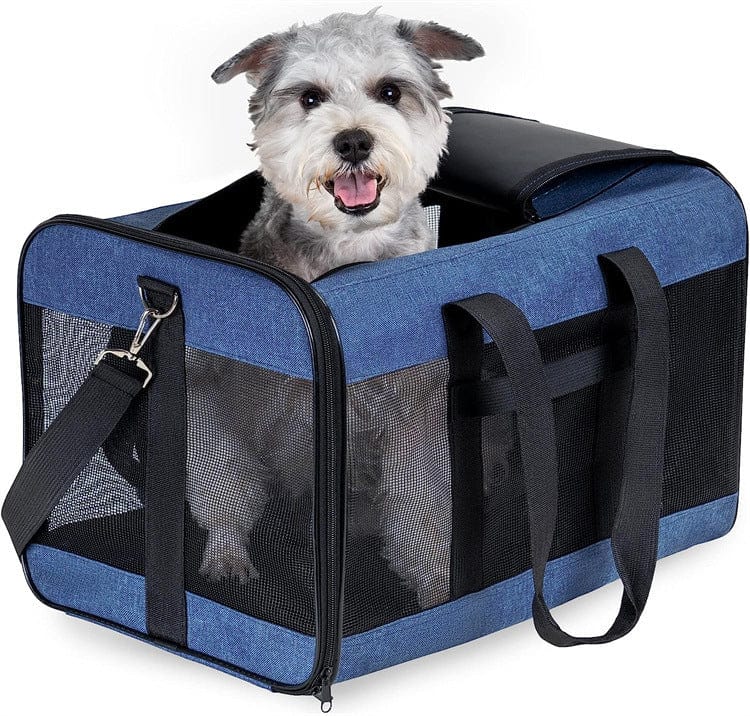 Sac de transport pour animaux avec un chien souriant à l'intérieur, en toile Oxford, léger et durable.