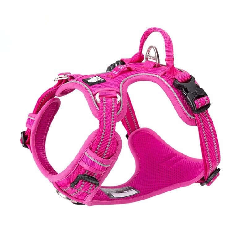 Gilet de sécurité pour chien rose avec sangle, conçu pour confort et protection lors des promenades.