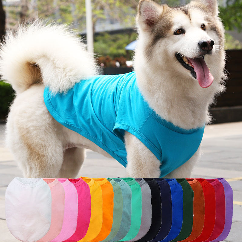 Un chien portant un gilet en coton bleu avec plusieurs couleurs de t-shirts en arrière-plan.