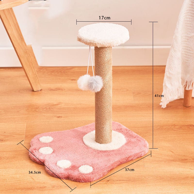 Griffoir vertical en sisal pour chats, design confortable avec jouet en peluche, dimensions pratiques intégrées.