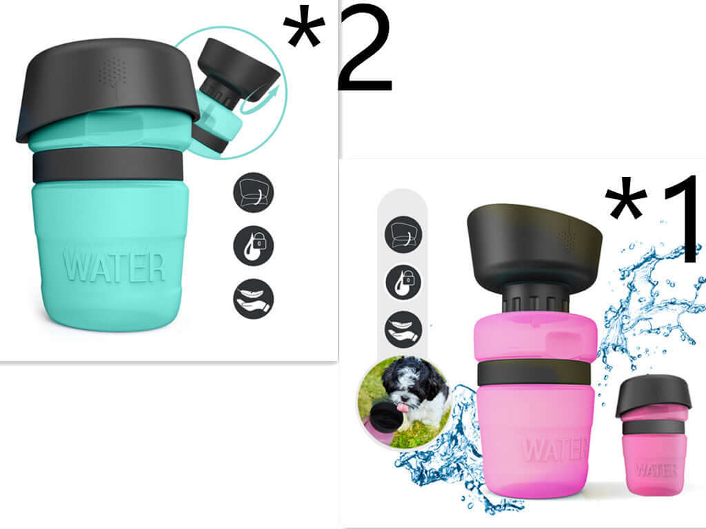 Bouteille d'eau pétillante pour animaux de compagnie en bleu et rose, idéale pour hydrater vos animaux en déplacement.