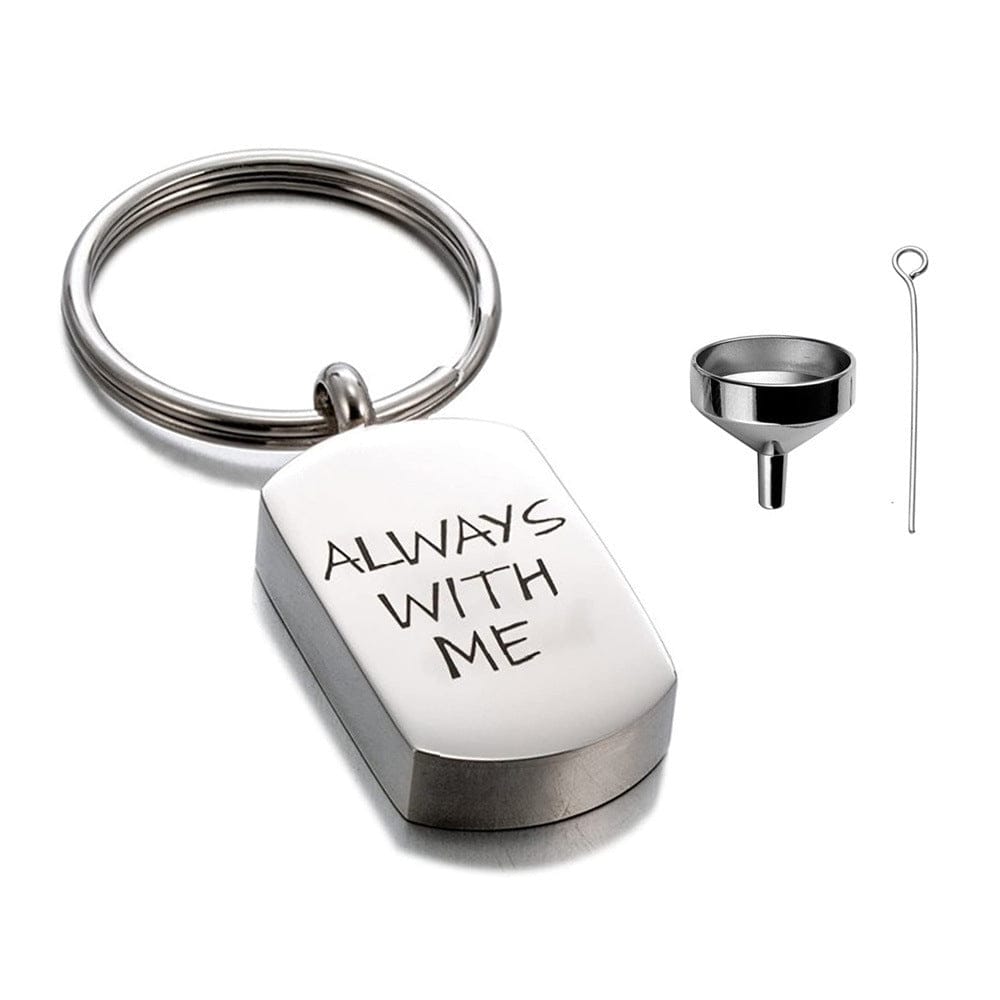 Bouteille de parfum en acier inoxydable avec inscription 'Always With Me', clé et entonnoir pour remplir.
