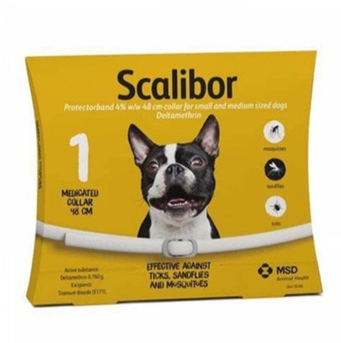 Collier Scalibor médicamenteux pour chiens de petite et moyenne taille, efficace contre tiques et moustiques.