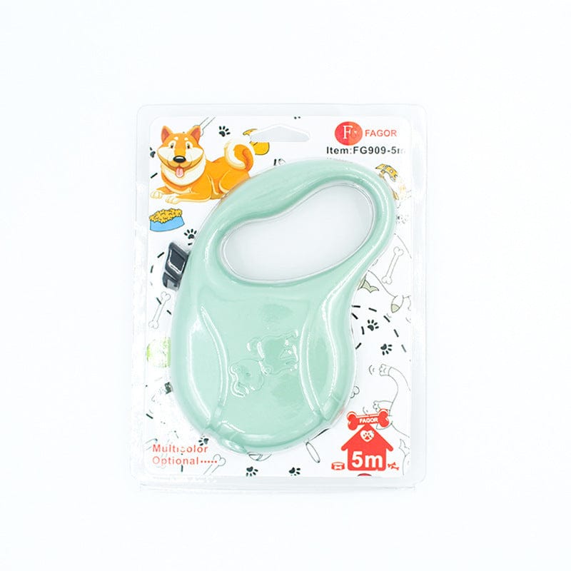 Laisse automatique pour chien enrouleur de 5m, couleur verte, emballage coloré avec motifs canins.