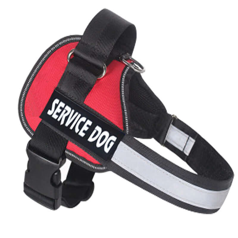 Harnais de chien rouge avec inscription 'SERVICE DOG', conçu pour le confort et la sécurité des animaux.
