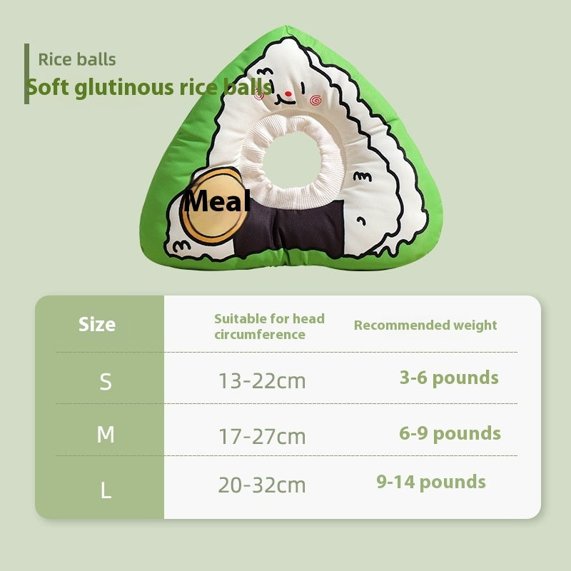 Soft glutinous rice balls pet collar with size chart for head circumference and weight recommendations.