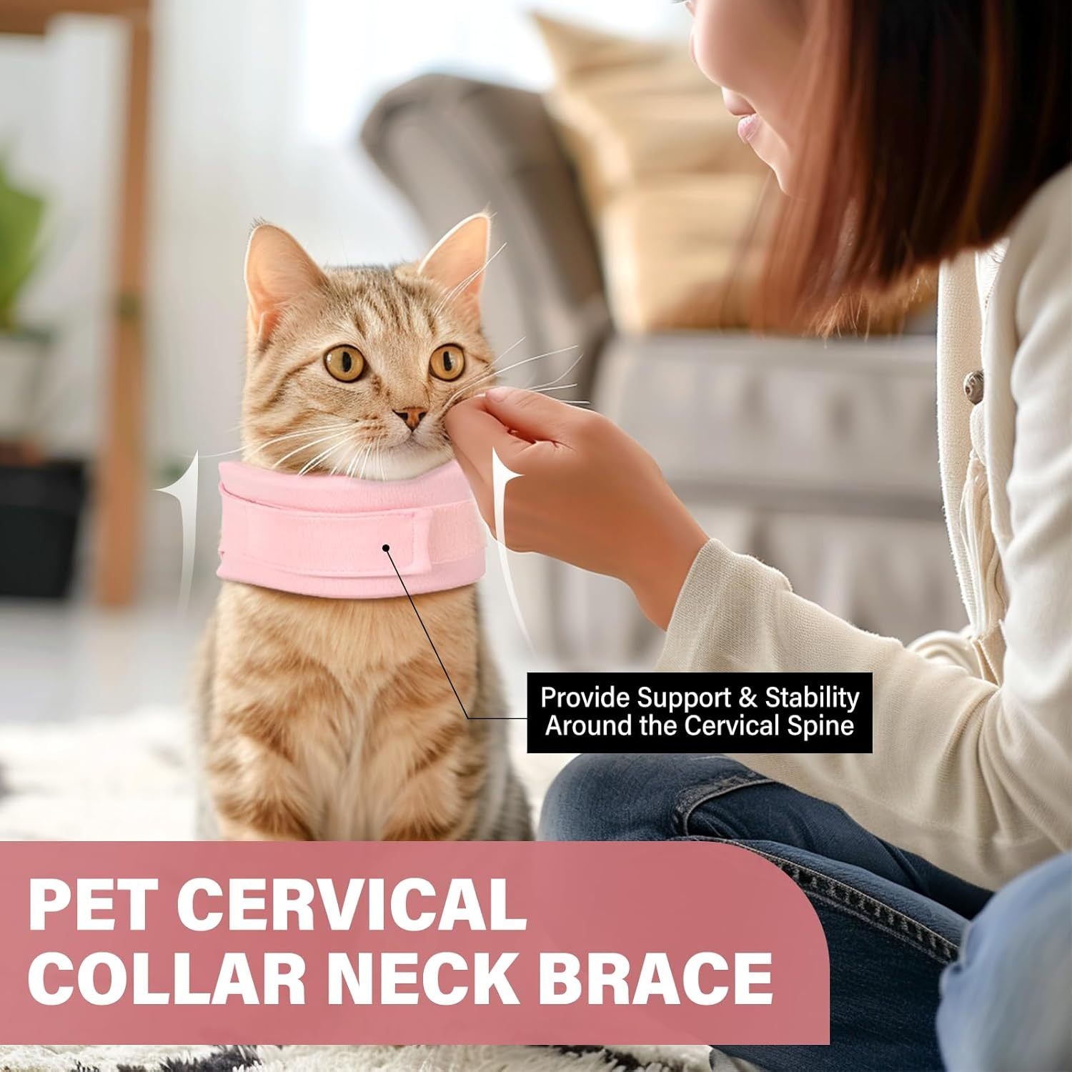 Collier de récupération pour chat, offrant confort et soutien après une opération, en interaction avec un propriétaire.