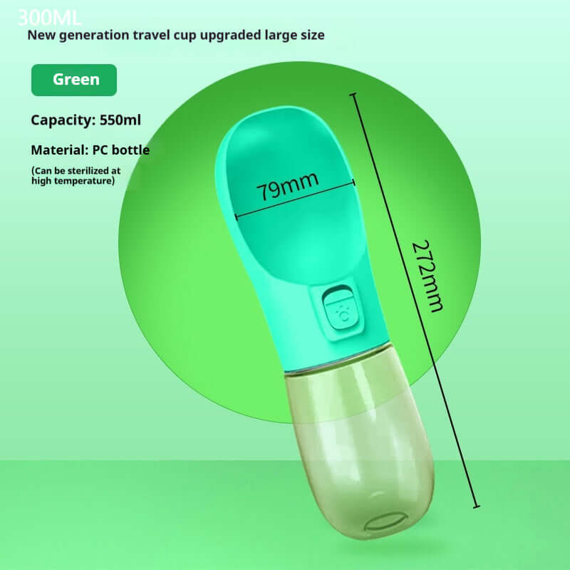 Bouteille d'eau portable verte 550ml pour chien, en plastique alimentaire, idéale pour les voyages et les promenades.