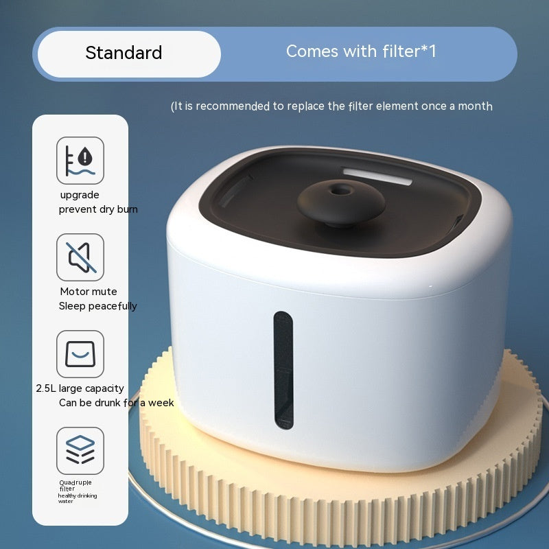 Distributeur d'eau intelligent pour animaux, 2.5L, avec filtre, modèle moderne et silencieux.
