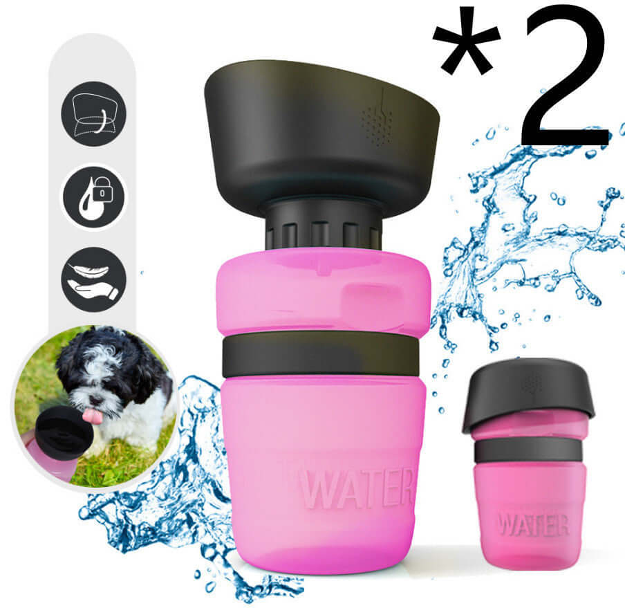 Bouteille d'eau pétillante pour animaux de compagnie en silicone rose, parfaite pour l'hydratation des chiens en extérieur.